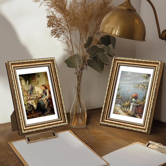 eletecpro 5x7 Picture Frames Set of 4, Gold Frames with Glass Cover, Vintage Photo Frame 5 by 7 Displays 4x6 Photo with Mat or 5x7 without Mat for Tabletop or Wall Decor, Bronze Gold