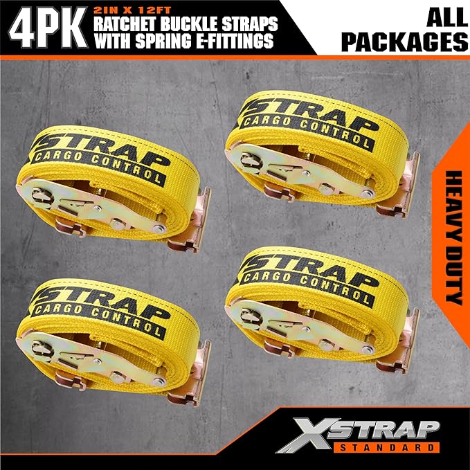 XSTRAP STANDARD 4-Pack E-Track Ratchet Straps 2" x 12' - 4,400 lbs Heavy Duty Cargo Tie Downs for Trailers, Trucks, Vans & Motorcycle Securing with Spring Fittings (Yellow)