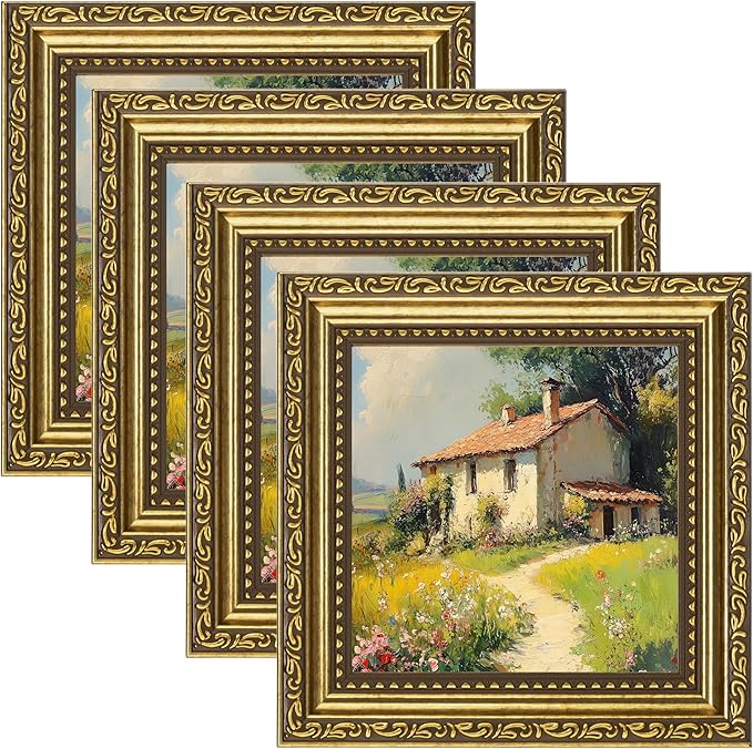 eletecpro 5x5 Picture Frames Set of 4, Ornate Frame with Glass Cover, 5 by 5 Vintage Gold Photo Frames Display 5x5 Photo for Tabletop or Wall Decor, Gold