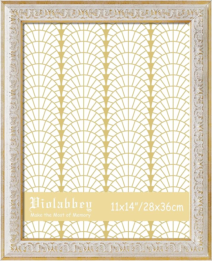 VIOLABBEY 11x14 Picture Frame White, Vintage Photo Frames Ornate without Mat for Tabletop or Wall Hanging