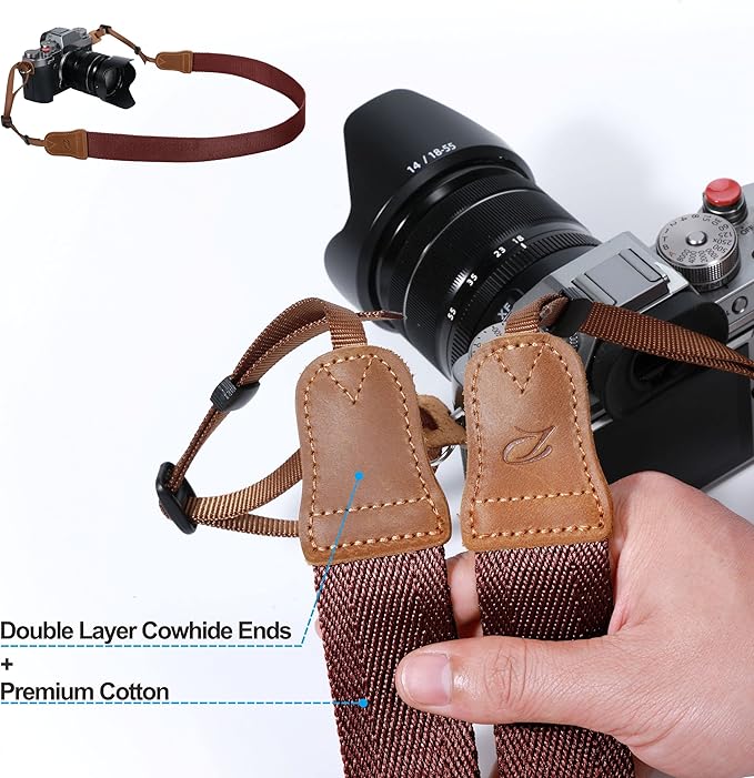 Padwa Lifestyle Burgundy Red Camera Strap -1.5" Wide Crazy Horse Cowhide Ends Camera Straps for All DSLR Cameras,Universal Adjustable Pure Cotton Woven Shoulder Neck Strap,Great Gift for Photographers
