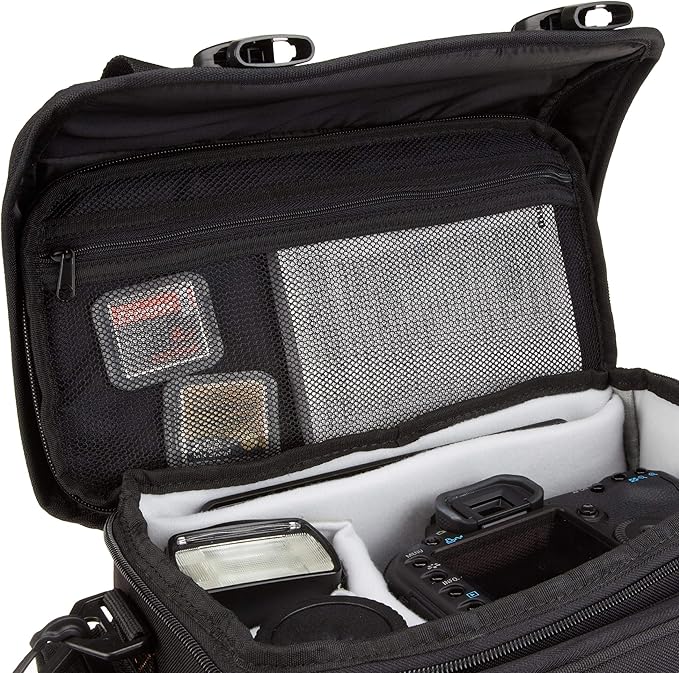 Amazon Basics Large DSLR Gadget Bag for Camera Storage with Shoulder Strap, Black with Grey Interior