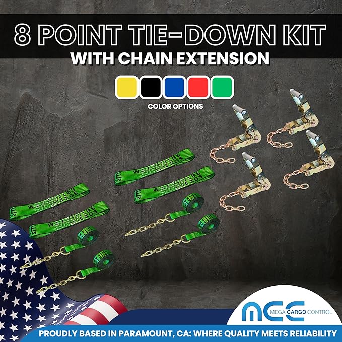 Mega Cargo Control USA 8 Point Tie Down Kit, Green Rollback Towing Strap Set with Black Sleeve Protectors - Car Hauler Set for Flatbed, Tow Truck, Side Mount