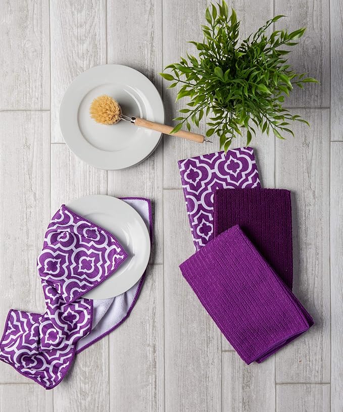 DII Cleaning Collection Multi-Purpose Microfiber, Eggplant Lattice, Dishtowel Set