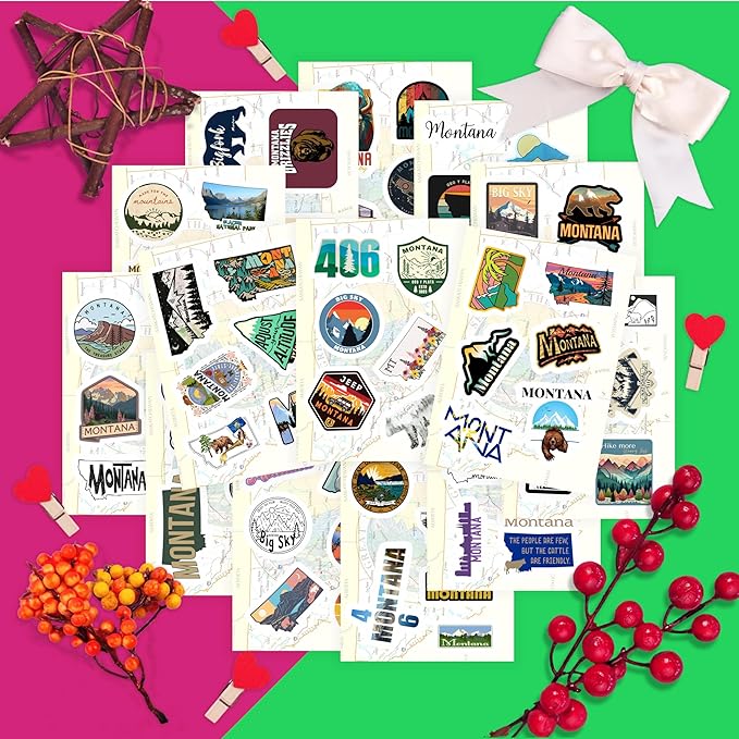 BulbaCraft 100Pcs Montana Stickers for Water Bottle and Laptop - Montana Party Favors & Decorations, Waterproof Vinyl Decals, State Pride and Icon Stickers, Gifts for Women & Men