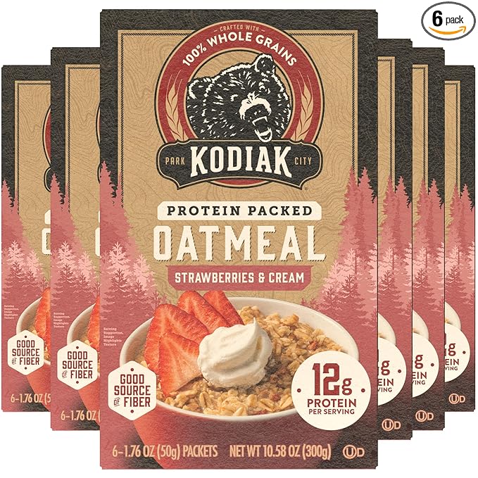 Kodiak Instant Oatmeal Packets, Strawberries & Cream, High Protein, 100% Whole Grains, 6 boxes with 6 packets each (36 packets total)