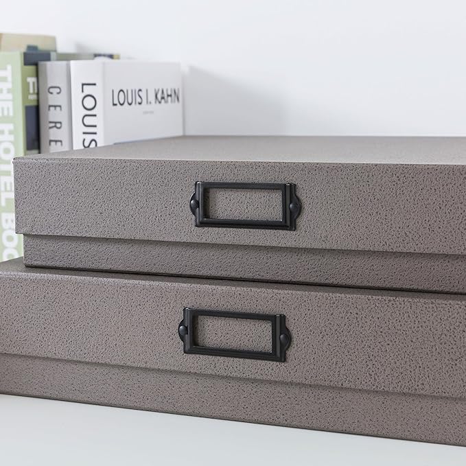 Soul & Lane Decorative Storage Boxes with Lids - Set of 2, Legal Size and A3 Document Boxes for Art and Scrapbooks with Metal Label Holder, Cardboard Photo Storage for Keepsakes & Memories, Gray