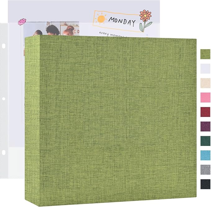 Mublalbum 12x12 Inch Large 3 Ring DIY Scrapbook Photo Album with 40 Plastic Sleeves 80 Pages Linen Cover Folder Binder for Baby Travel Wedding Couple Anniversary and DIY Projects (Green)