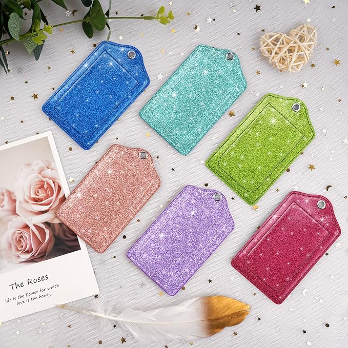 (Set of 2) Luggage Tag Leather Privacy Cover ID Label Address Card with Stainless Steel Loop, Travel Bag Tags Suitcase Labels, Blue Green Glitter