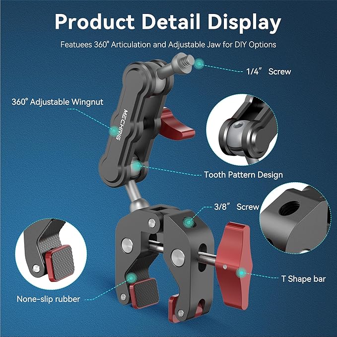 Camera Clamp Mount & 360°Ball Head Magic Arm with Adapter for Go pro, Aluminum Double Ball Head Adapters, Heavy Duty Super Clamp with 1/4"-20 & 3/8"-16 Thread (with 1/4" Conversion Adapter)-SJ009