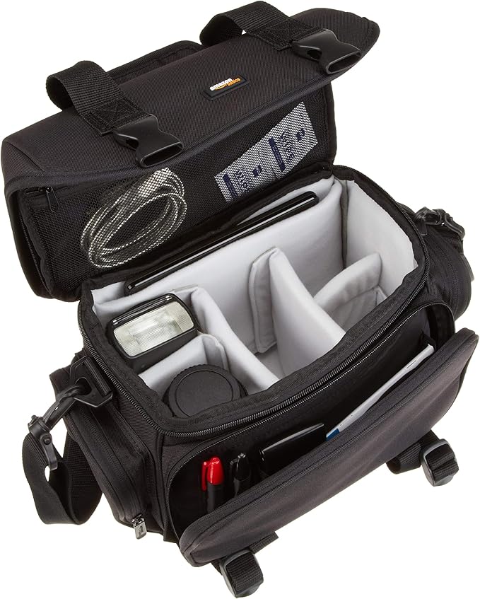 Amazon Basics Large DSLR Gadget Bag for Camera Storage with Shoulder Strap, Black with Grey Interior
