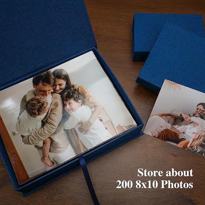 Hiwhy Photo Storage Box 8x10, Linen Photo Box, Memory Box Perfect to Store Your Photo, Pictures, Certificates, Scrapbooking Supplies, Keepsakes and Jewelry Blue