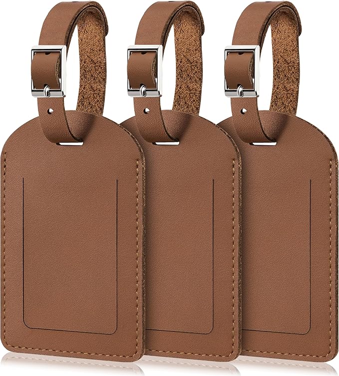 Mayski Genuine Leather Luggage Tags for suitcases, 3 Pack Durable Travel Bag Tags with Privacy Flap, Travel Essentials TSA Approved, Brown