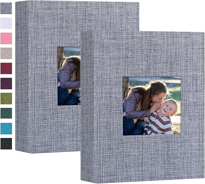 Mublalbum 2 Pack Small 4x6 Photo Album Linen Cover with Display Window Mini Picture Book Each Holds 52 Vertical Pockets for Artwork Postcards or Pictures Storage (Gray)