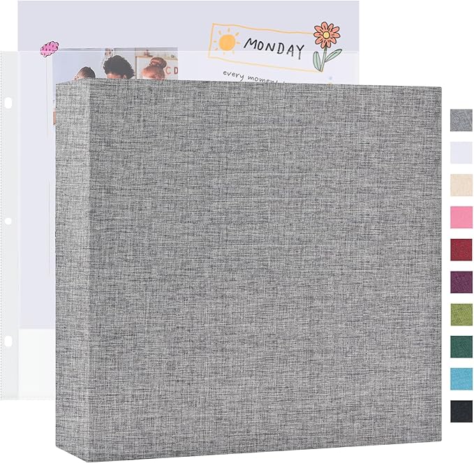 Mublalbum 12x12 Inch Large 3 Ring DIY Scrapbook Photo Album with 40 Plastic Sleeves 80 Pages Linen Cover Folder Binder for Baby Travel Wedding Couple Anniversary and DIY Projects (Grey)