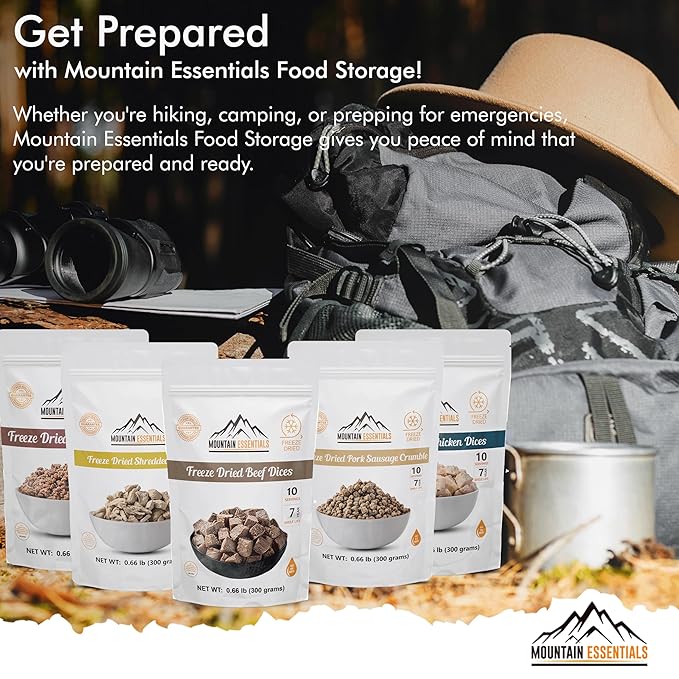 MOUNTAIN ESSENTIALS Freeze-Dried Meat Variety Kit – 3 Chicken Dices, 3 Beef Dices, 3 Ground Beef, 2 Shredded Pork & 1 Pork Sausage Crumble | 10 Servings per Pouch | Shelf-Stable Daily Meals, Camping & Emergency Food | Made in USA