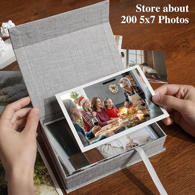 Hiwhy Photo Storage Box 5x7, Linen Photo Box, Memory Box Perfect to Store Your Photo, Pictures, Certificates, Scrapbooking Supplies, Keepsakes and Jewelry Grey