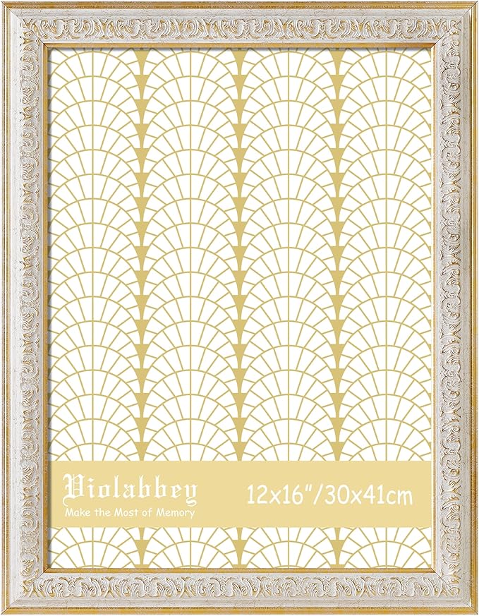 VIOLABBEY 12x16 Picture Frame White, Vintage Photo Frames Ornate without Mat for Wall Hanging