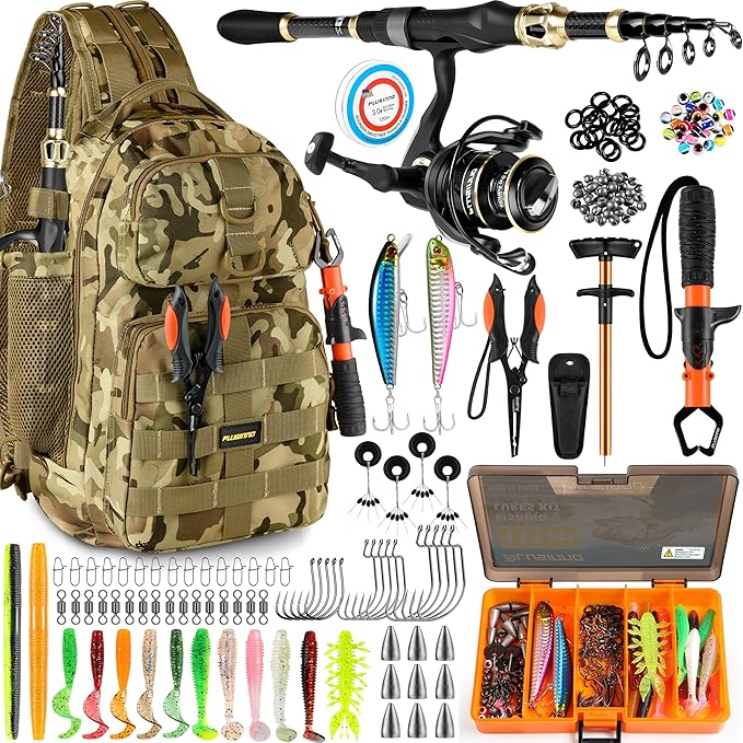 PLUSINNO Fishing Backpack with Fishing Rod and Reel Combos Tackle Boxes, Waterproof Tackle Backpack for Fishing Gear with Rod Holder, Fishing Gifts for Men with Fishing Tool Kit...