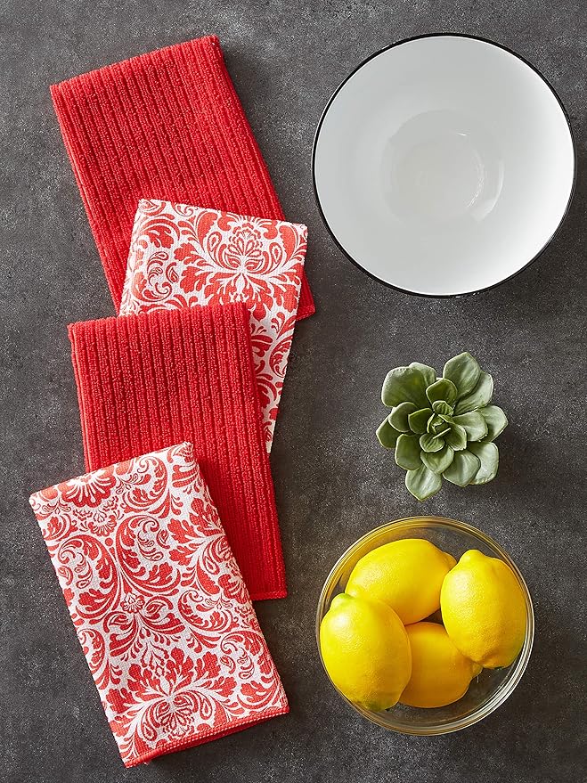 DII Cleaning Collection Multi-Purpose Microfiber, Red Damask, Dishtowel Set