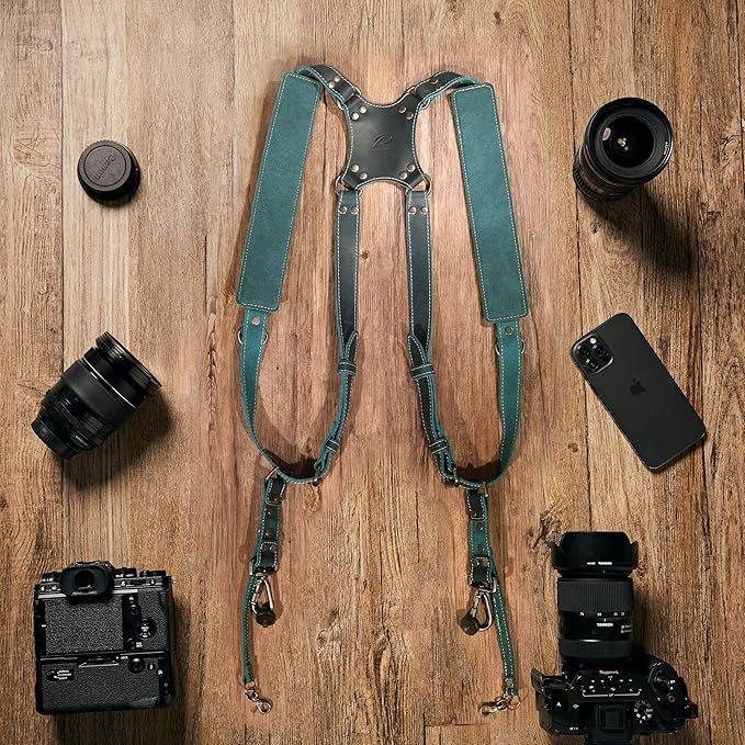 Padwa Lifestyle Green Dual Camera Harness Strap for Two Cameras - Dual Shoulder Full Grain Leather Harness,Multi Double Camera Gear with Thick Padded,Double Camera Harness for Photographers