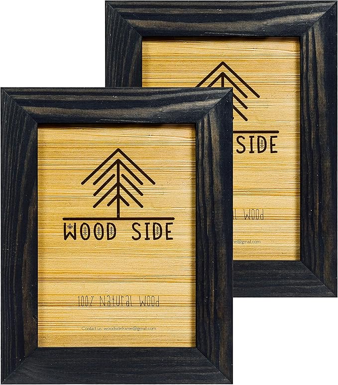 Rustic Wooden Picture Frames 4x6 - Set of 2 - Natural Eco Solid Wood and High Definition Real Glass for Wall Mounting and Tabletop Photo Frame - Black Charcoal