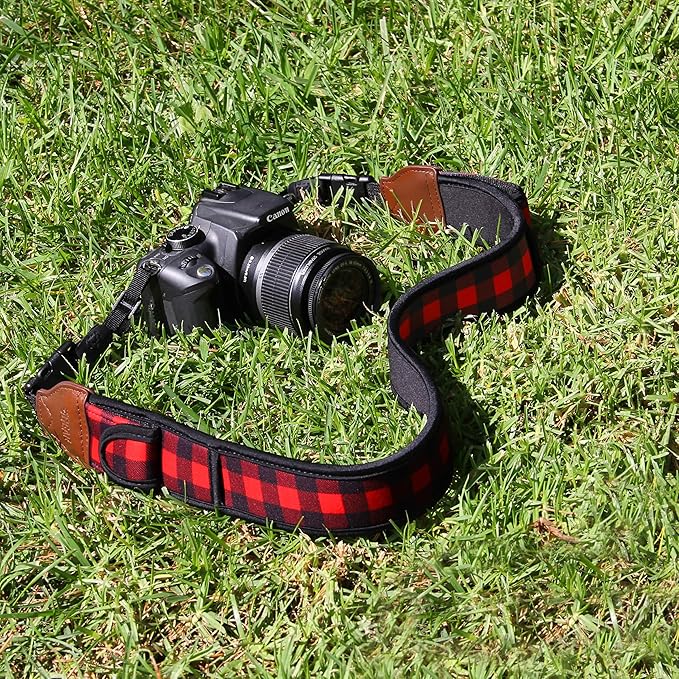 USA Gear TrueSHOT Camera Strap Neoprene Camera Straps - Padded Neck Strap, Pockets, and Quick Release Buckles - Compatible with Canon, Nikon, Sony and More DSLR and Mirrorless Cameras (Red Plaid)