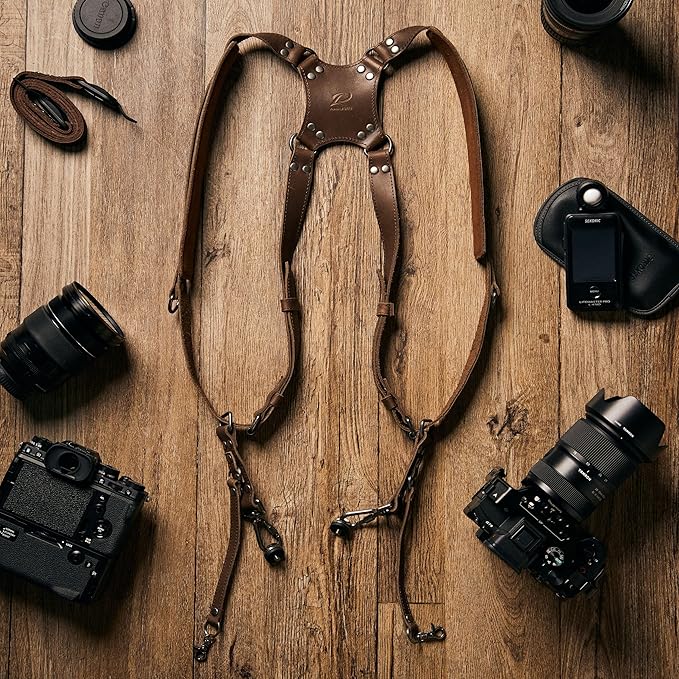 Padwa Lifestyle Dark Brown Dual Camera Harness - Dual Shoulder Full Grain Leather Strap for DSLR/SLR Cameras