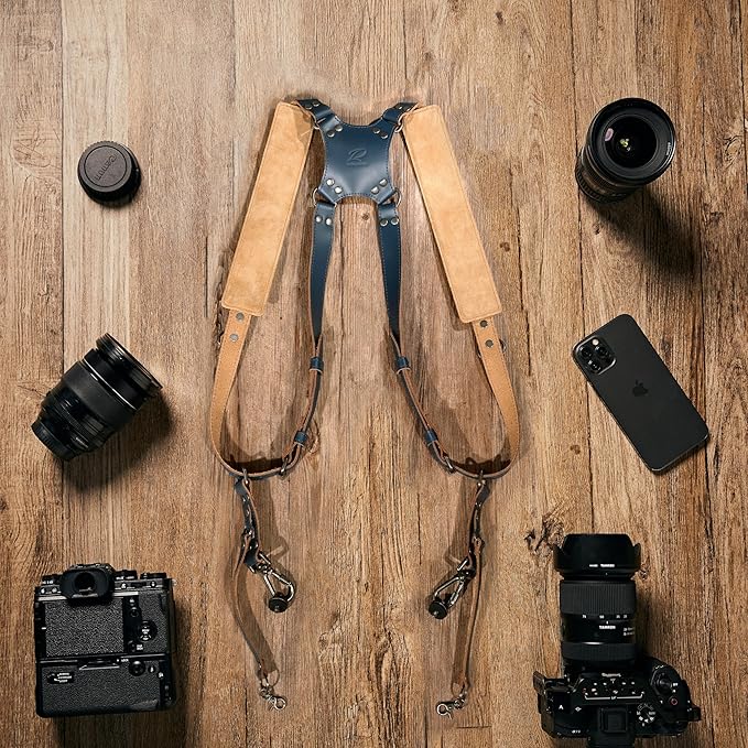Padwa Lifestyle Blue Dual Camera Harness for Two Cameras - Wide Strap with Thick Shoulder Padded,Full Grain Leather Double Harness,Multi Camera Gear for DSLR Strap for Photographers