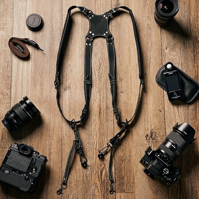 Padwa Lifestyle Black Frosted Dual Camera Harness Strap with Padded for Two Cameras -Full Grain Leather Dual Camera Harness,Multi Camera Gear for DSLR/SLR Strap,Double Camera Harness for Photographers
