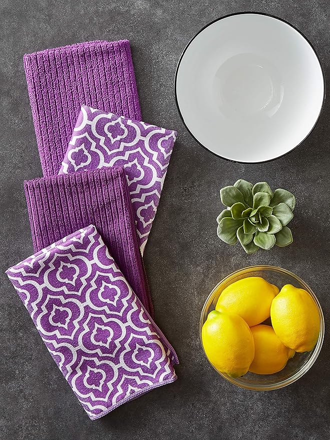 DII Cleaning Collection Multi-Purpose Microfiber, Eggplant Lattice, Dishtowel Set