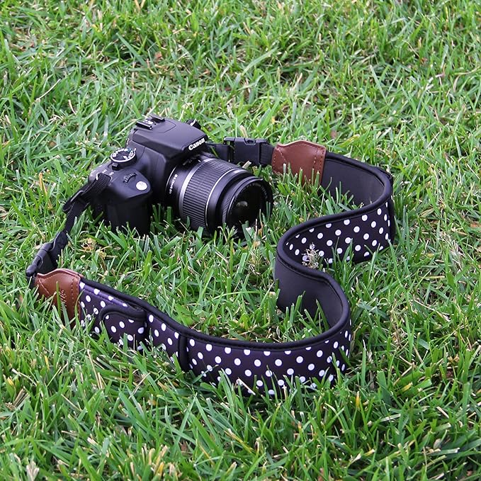 USA Gear TrueSHOT Camera Strap Neoprene Camera Straps - Padded Neck Strap, Pockets, and Quick Release Buckles - Compatible with Canon, Nikon, Sony and More DSLR and Mirrorless Cameras (Polka Dot)