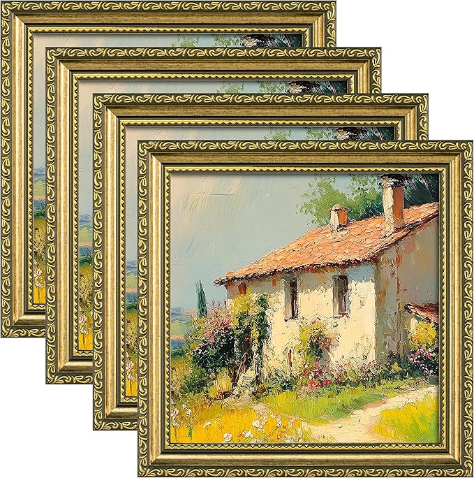 eletecpro 8x8 Picture Frames Set of 4, Vintage Frame with Glass Cover, 8 x 8 Gold Photo Frames Display 4x4 Photo with Mat or 8x8 without Mat for Tabletop or Wall Decor, Gold