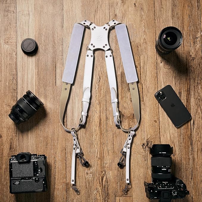 Padwa Lifestyle White Dual Camera Harness for Two Cameras - Wide Strap with Thick Shoulder Padded,Full Grain Leather Double Harness,Multi Camera Gear for DSLR Strap for Photographers