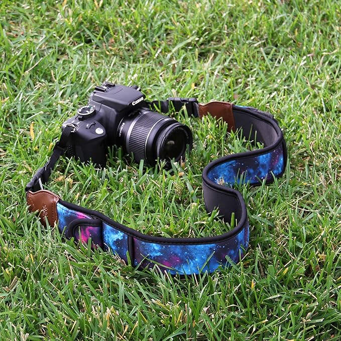 USA Gear TrueSHOT Camera Strap Neoprene Camera Straps - Padded Neck Strap, Accessory Pocket, and Quick Release Buckles - Compatible with Canon, Nikon, Sony and More DSLR and Mirrorless Camera - Galaxy
