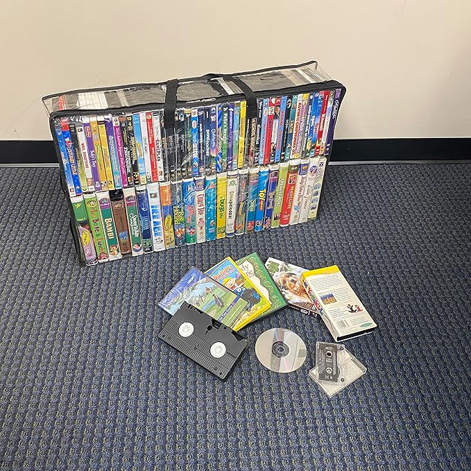Evelots 2 Pack-VHS Movie Tape Storage Bag/Case, Clear PVC Plastic-Holds 100 Total, Strong Handles-No Dirt/Moisture/Dust