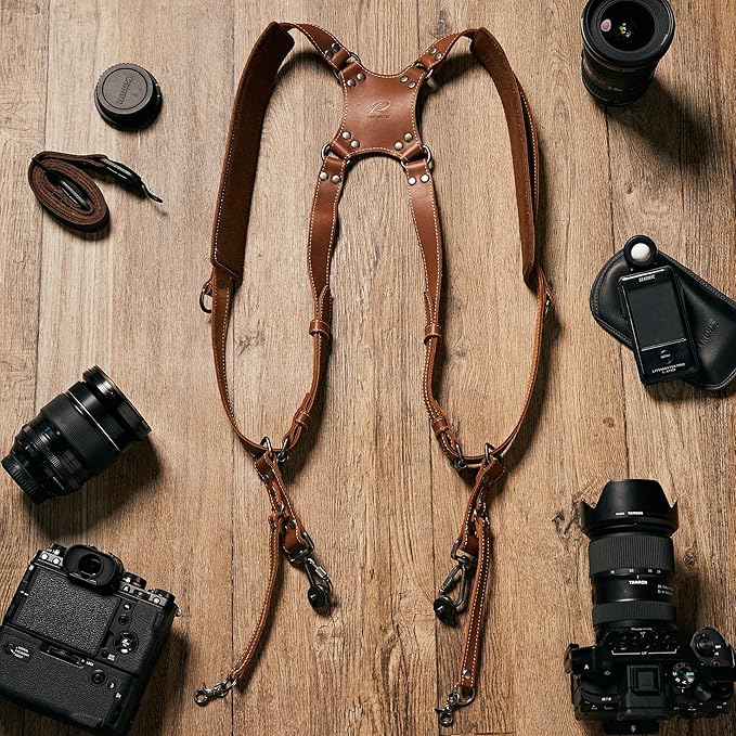Padwa Lifestyle Tan Dual Camera Harness Strap with Padded for Two Cameras - Dual Shoulder Full Grain Leather Harness,Multi Camera Gear for DSLR/SLR Strap,Double Camera Harness for Photographers