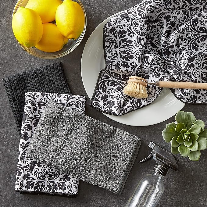 DII Cleaning Collection Multi-Purpose Microfiber, Black Damask, Dishtowel Set