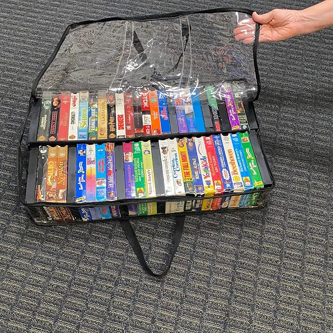 Evelots 2 Pack-VHS Movie Tape Storage Bag/Case, Clear PVC Plastic-Holds 100 Total, Strong Handles-No Dirt/Moisture/Dust