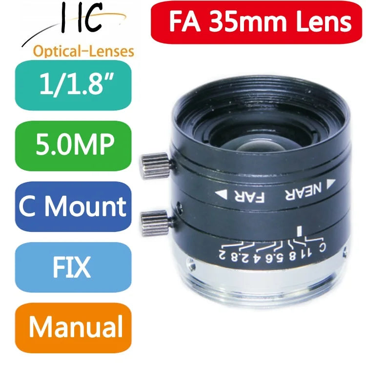5MP F2.0 1/1.8Inch C Mount Manual Iris Lens 4mm 6mm 8mm 12mm 16mm 25mm 35mm 50mm 75mmFixed Focal Lightweight Machine Vision Lens