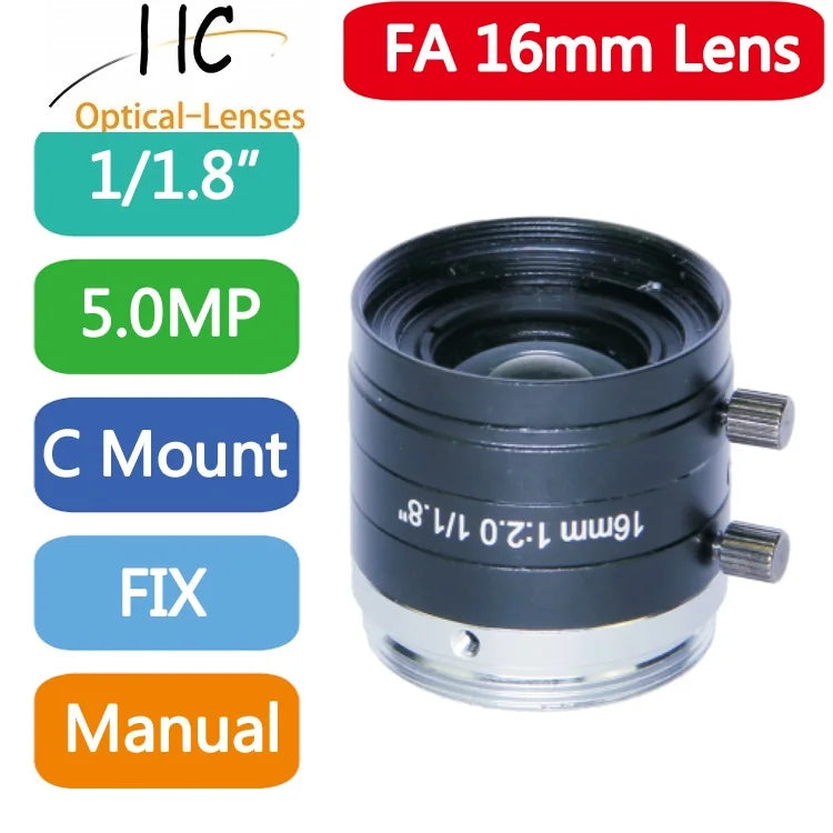 5MP F2.0 1/1.8Inch C Mount Manual Iris Lens 4mm 6mm 8mm 12mm 16mm 25mm 35mm 50mm 75mmFixed Focal Lightweight Machine Vision Lens