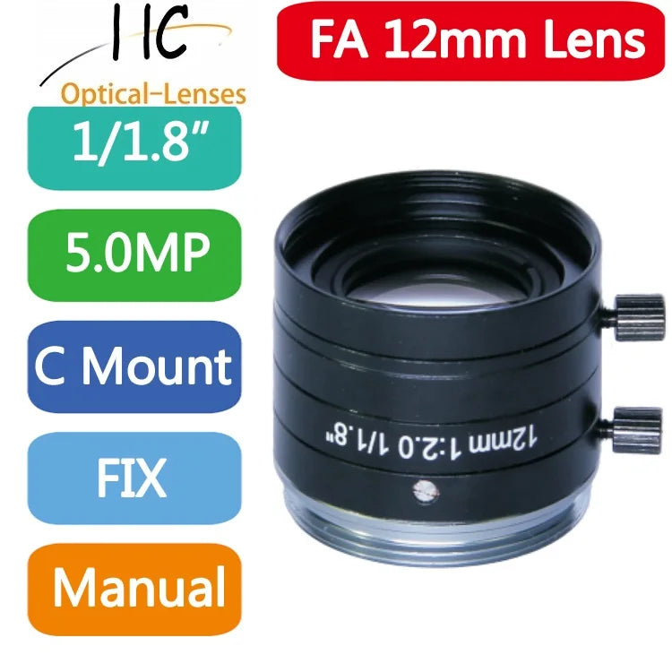 5MP F2.0 1/1.8Inch C Mount Manual Iris Lens 4mm 6mm 8mm 12mm 16mm 25mm 35mm 50mm 75mmFixed Focal Lightweight Machine Vision Lens