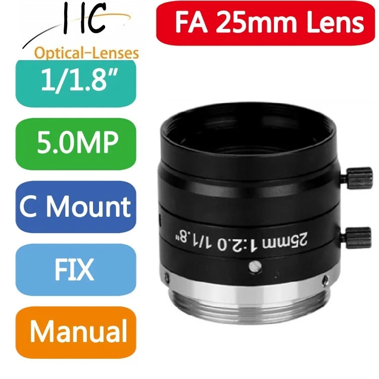 5MP F2.0 1/1.8Inch C Mount Manual Iris Lens 4mm 6mm 8mm 12mm 16mm 25mm 35mm 50mm 75mmFixed Focal Lightweight Machine Vision Lens