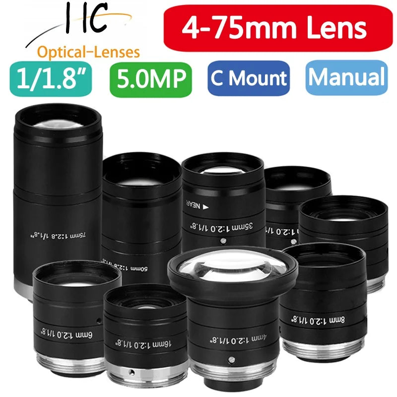 5MP F2.0 1/1.8Inch C Mount Manual Iris Lens 4mm 6mm 8mm 12mm 16mm 25mm 35mm 50mm 75mmFixed Focal Lightweight Machine Vision Lens