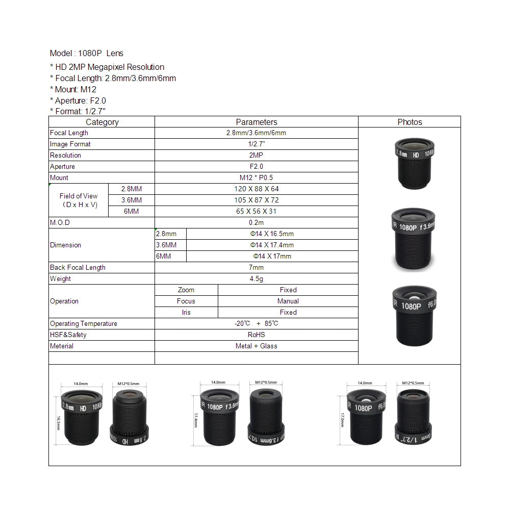 1080P CCTV LENS 2.8mm  3.6mm 6mm  M12 Mount 2MP Aperture F2.0 1/2.7  Format for Surveillance Security Camera