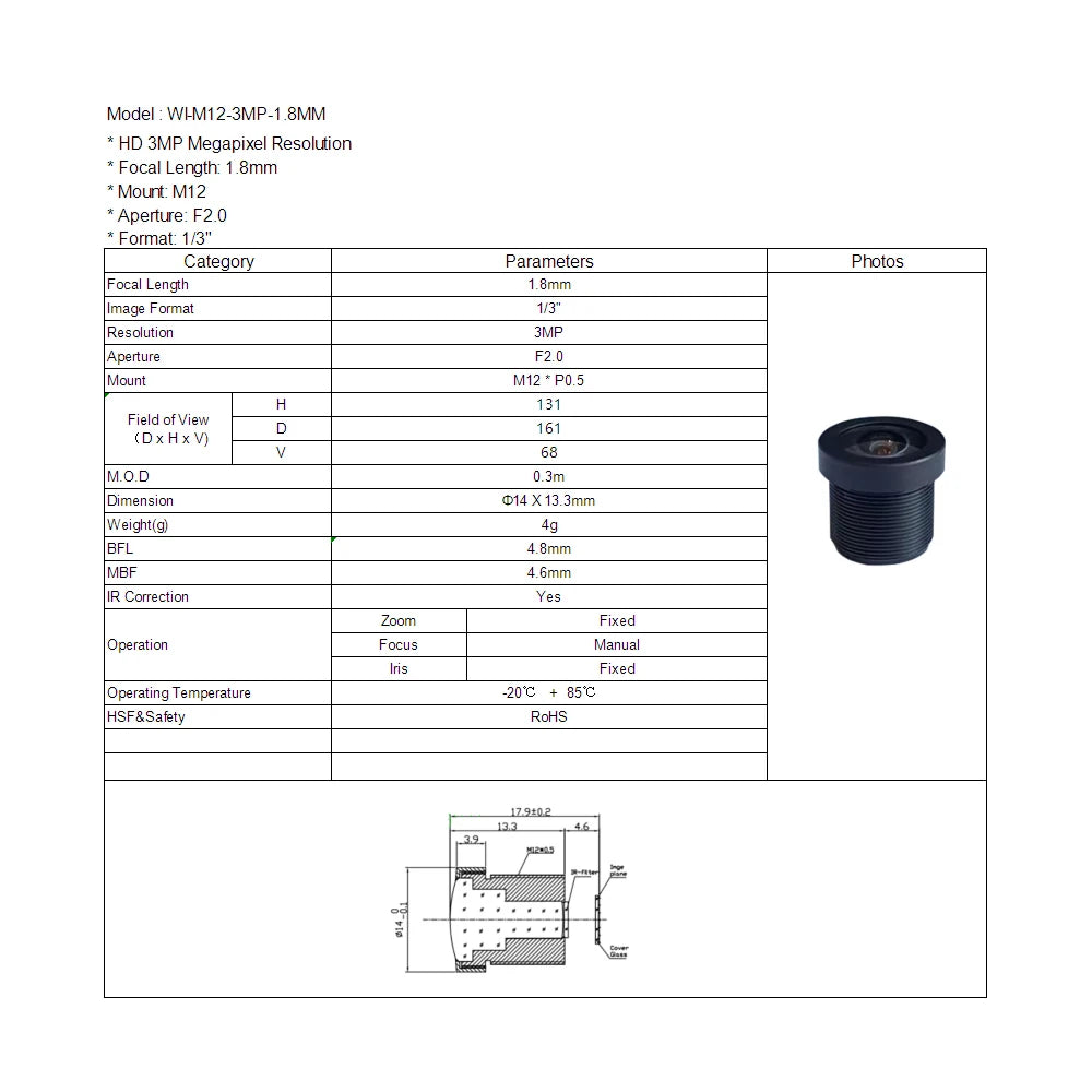 Fisheye Lens HD 3MP 1.8MM 170 Degree Wide View Angle M12 Mount Aperture F2.0 Format 1/3" for Surveillance Security Cameras